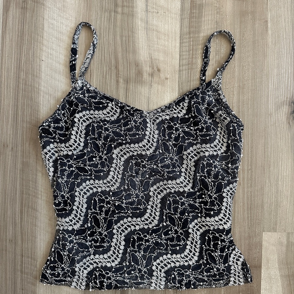 ecru Black & White Lace-Pattern Spaghetti Strap Cami
